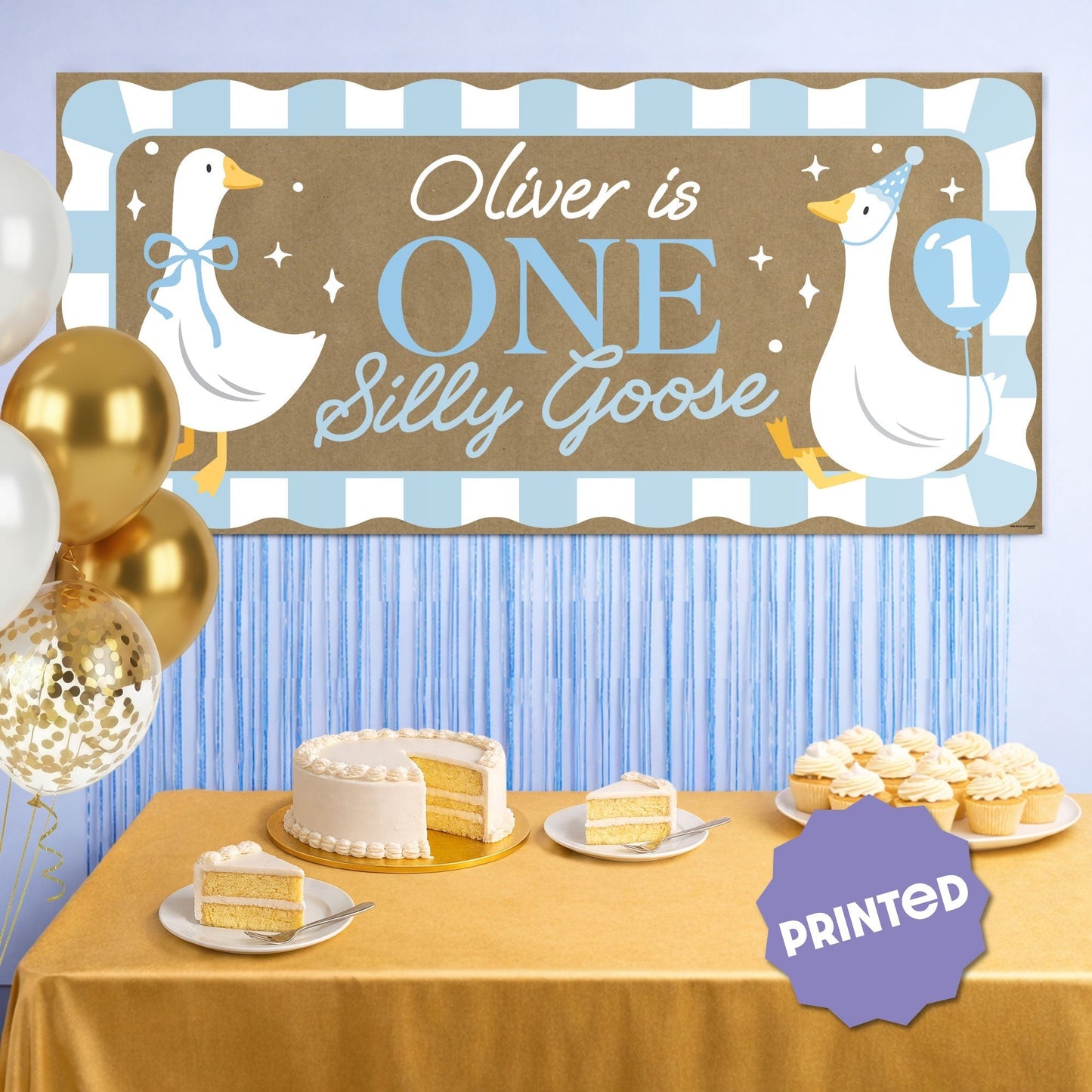 Custom Text One Silly Goose Blue Kraft Banner