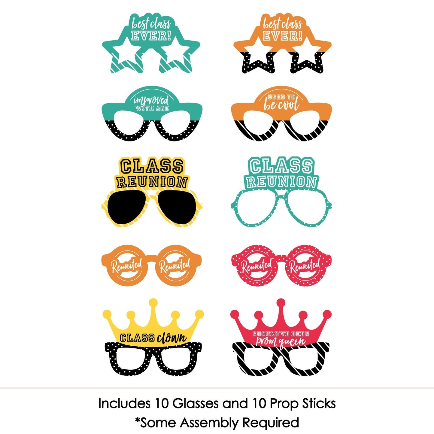 Class Reunion Glasses - Paper Card Stock School Reunion Party Photo Booth Props Kit - 10 Count