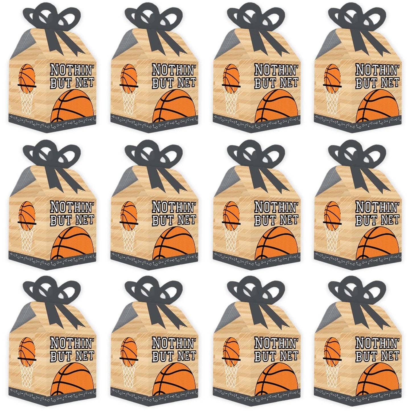 Nothin' But Net - Basketball - Square Favor Gift Boxes - Baby Shower or Birthday Party Bow Boxes - Set of 12