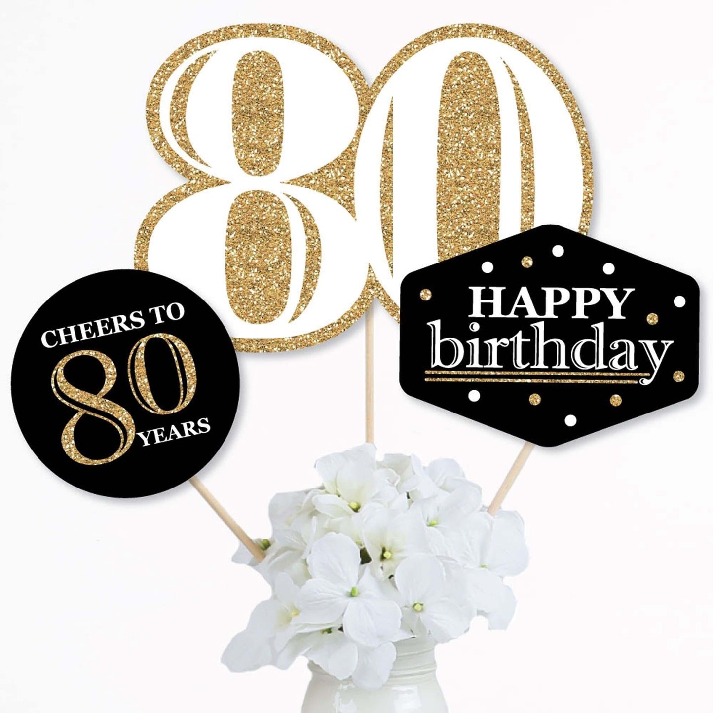 Adult 80th Birthday - Gold - Birthday Party Centerpiece Sticks - Table Toppers - Set of 15