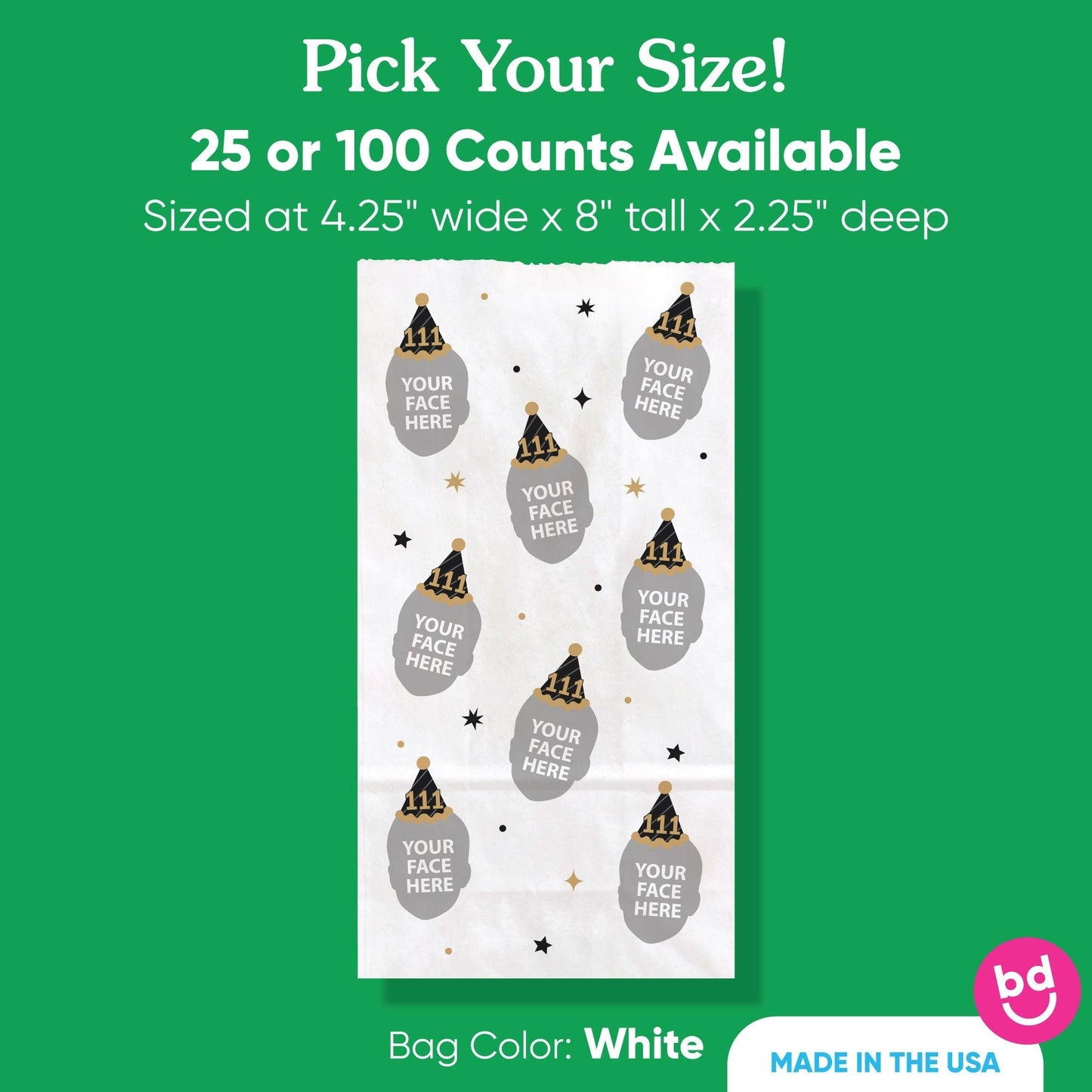 Custom Face Popcorn Bags - Black & Gold Birthday