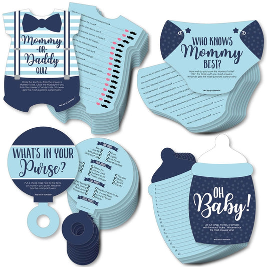 Baby Boy - 4 Blue Baby Shower Games - 10 Cards Each - Who Knows Mommy Best, Mommy or Daddy Quiz, What's in Your Purse and Oh Baby - Gamerific Bundle