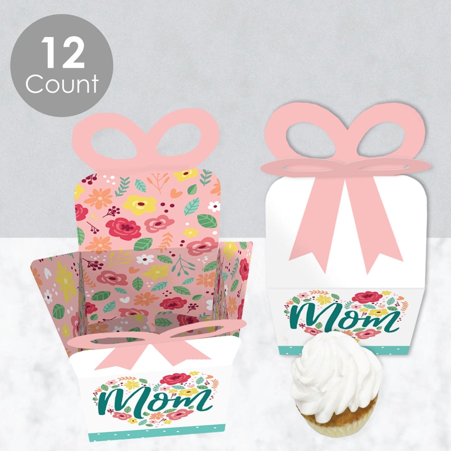 Colorful Floral Happy Mother's Day - Square Favor Gift Boxes - We Love Mom Party Bow Boxes - Set of 12