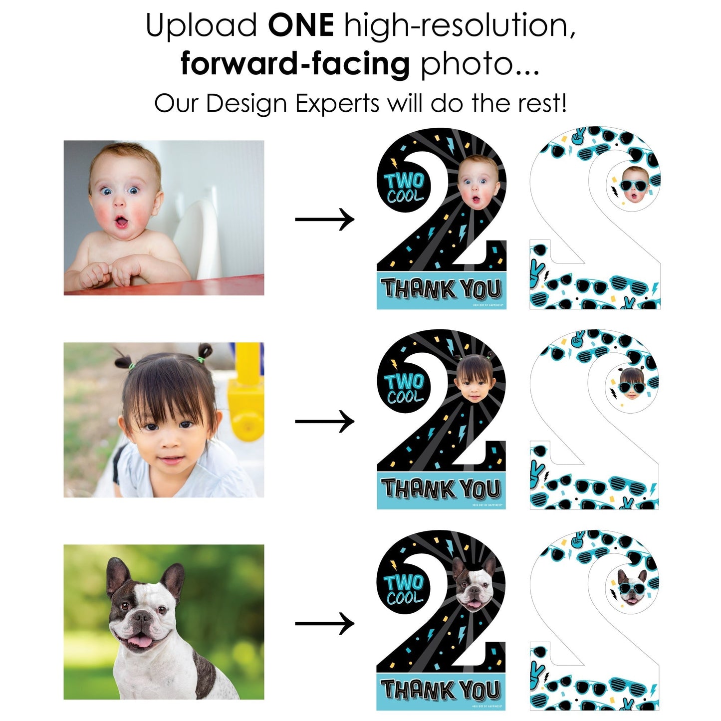 Custom Photo Two Cool - Boy - Blue 2nd Birthday Party Fun Face Shaped Thank You Cards with Envelopes - Set of 12