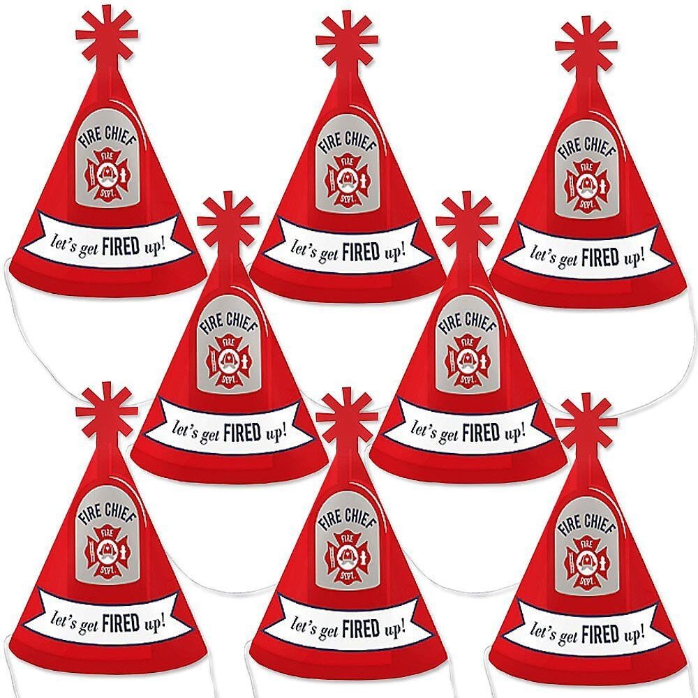 Fired Up Fire Truck - Mini Cone Firefighter Firetruck Baby Shower or Birthday Party Hats - Small Little Party Hats - Set of 8