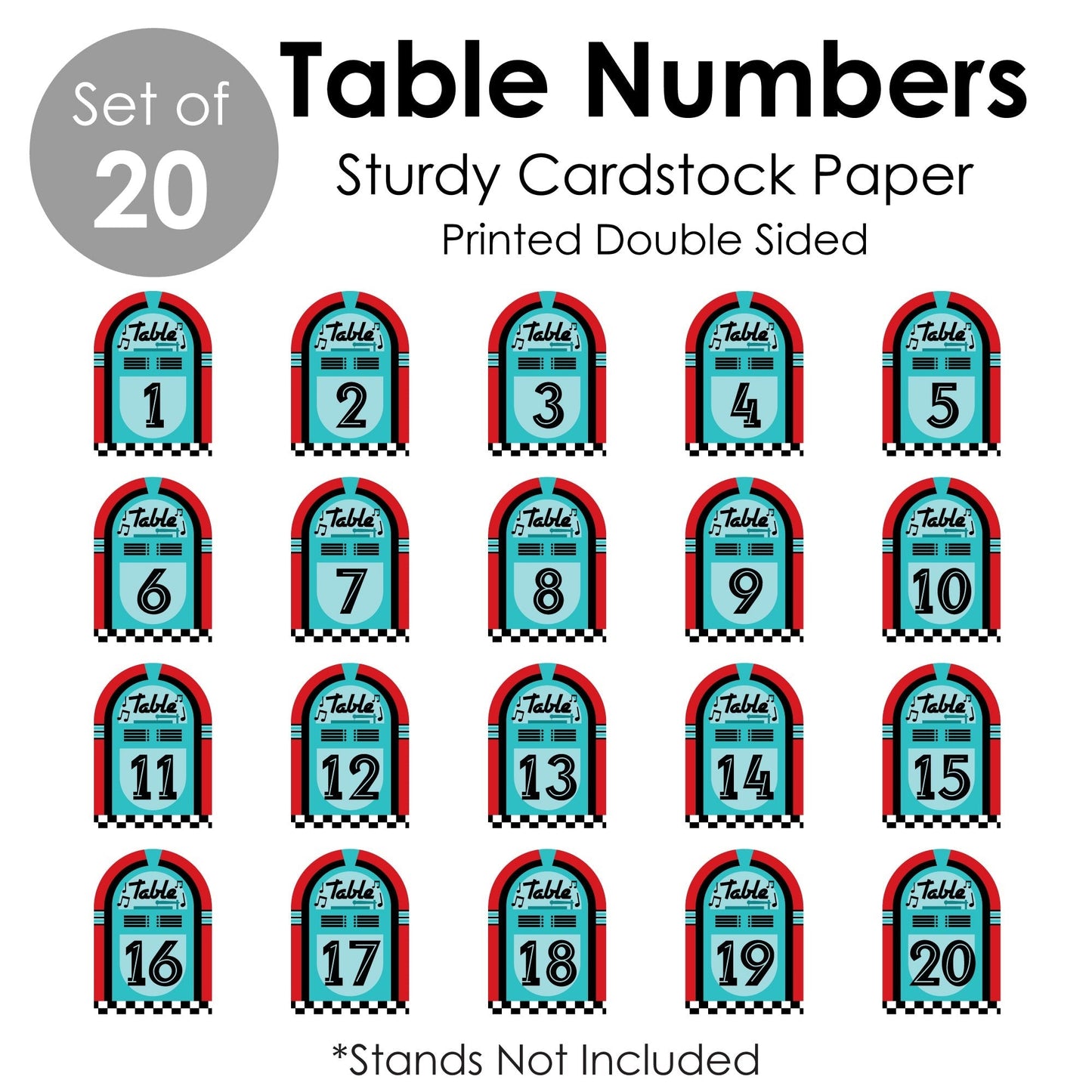 50's Sock Hop - 1950s Rock N Roll Party Double-Sided 5 x 7 inches Cards - Table Numbers - 1-20