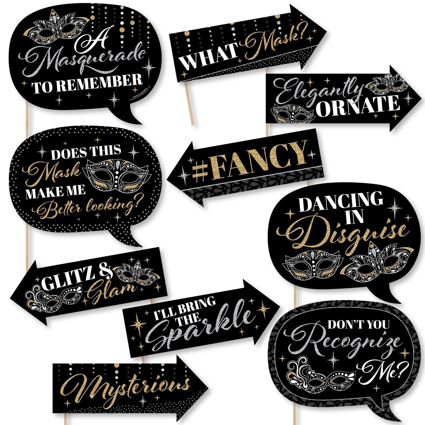 Funny Masquerade - Venetian Mask Party Photo Booth Props Kit - 10 Piece