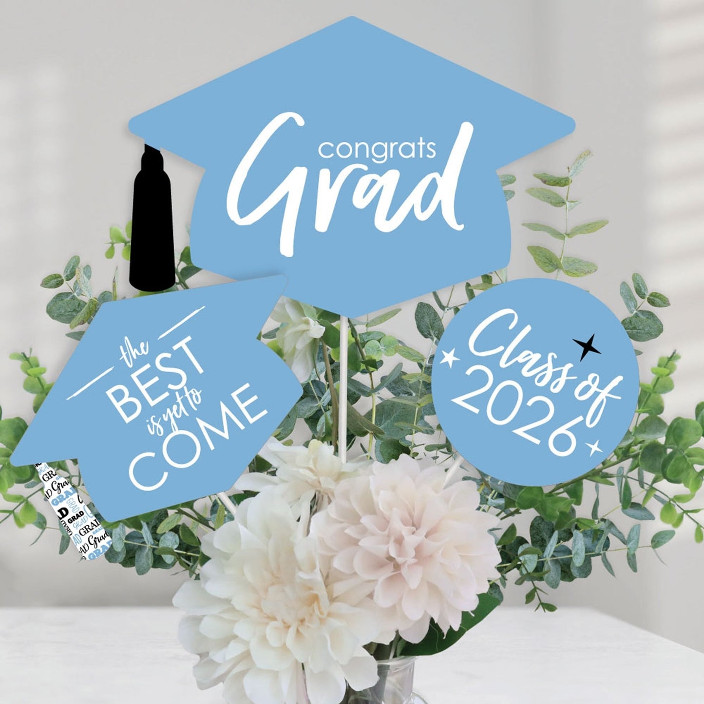 Light Blue Grad - Best is Yet to Come - 2026 Light Blue Graduation Party Centerpiece Sticks - Table Toppers - Set of 15
