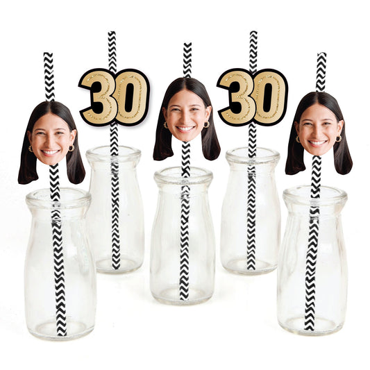 Custom 30th Birthday Face Cutout Straw Decor - 24 Ct