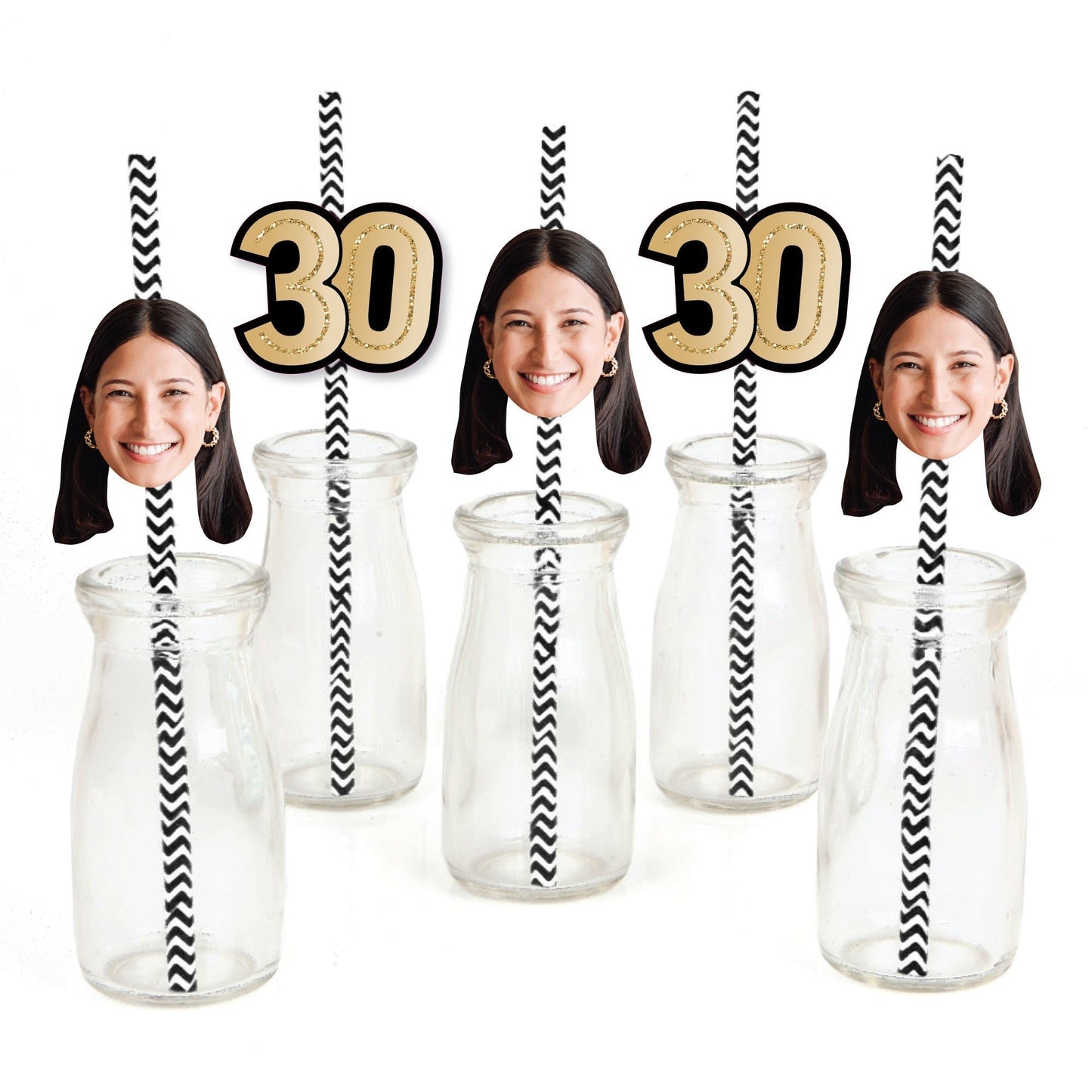 Custom 30th Birthday Face Cutout Straw Decor - 24 Ct