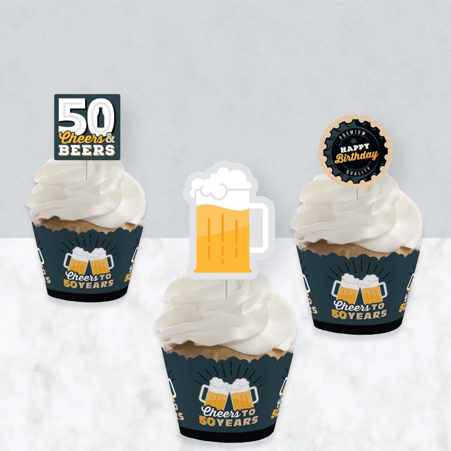 Cheers and Beers to 50 Years - Cupcake Decoration - 50th Birthday Party Cupcake Wrappers and Treat Picks Kit - Set of 24