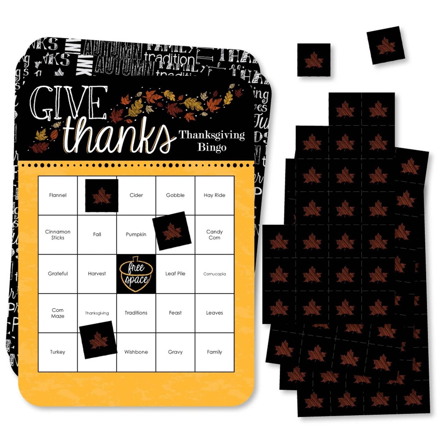 Give Thanks - Bingo Cards and Markers - Thanksgiving Party Bingo Game - Set of 18