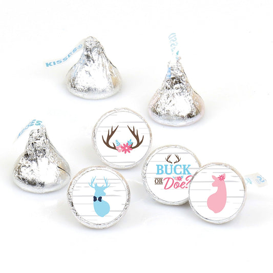 Buck or Doe - Hunting Gender Reveal Party Round Candy Sticker Favors - Labels Fit Chocolate Candy (1 sheet of 108)
