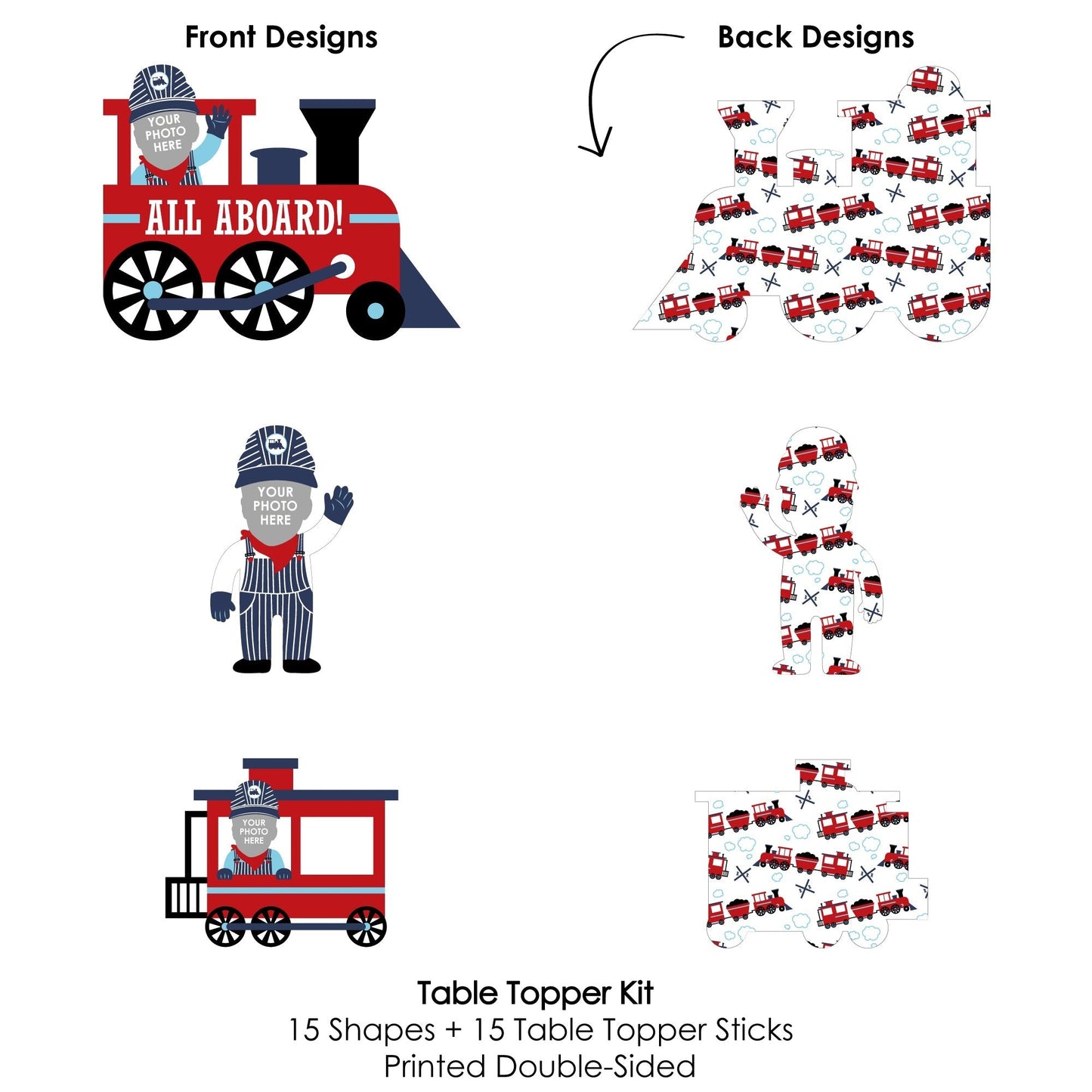Custom Photo Railroad Party Crossing - Steam Train Birthday Party or Baby Shower Centerpiece Sticks - Fun Face Table Toppers - Set of 15