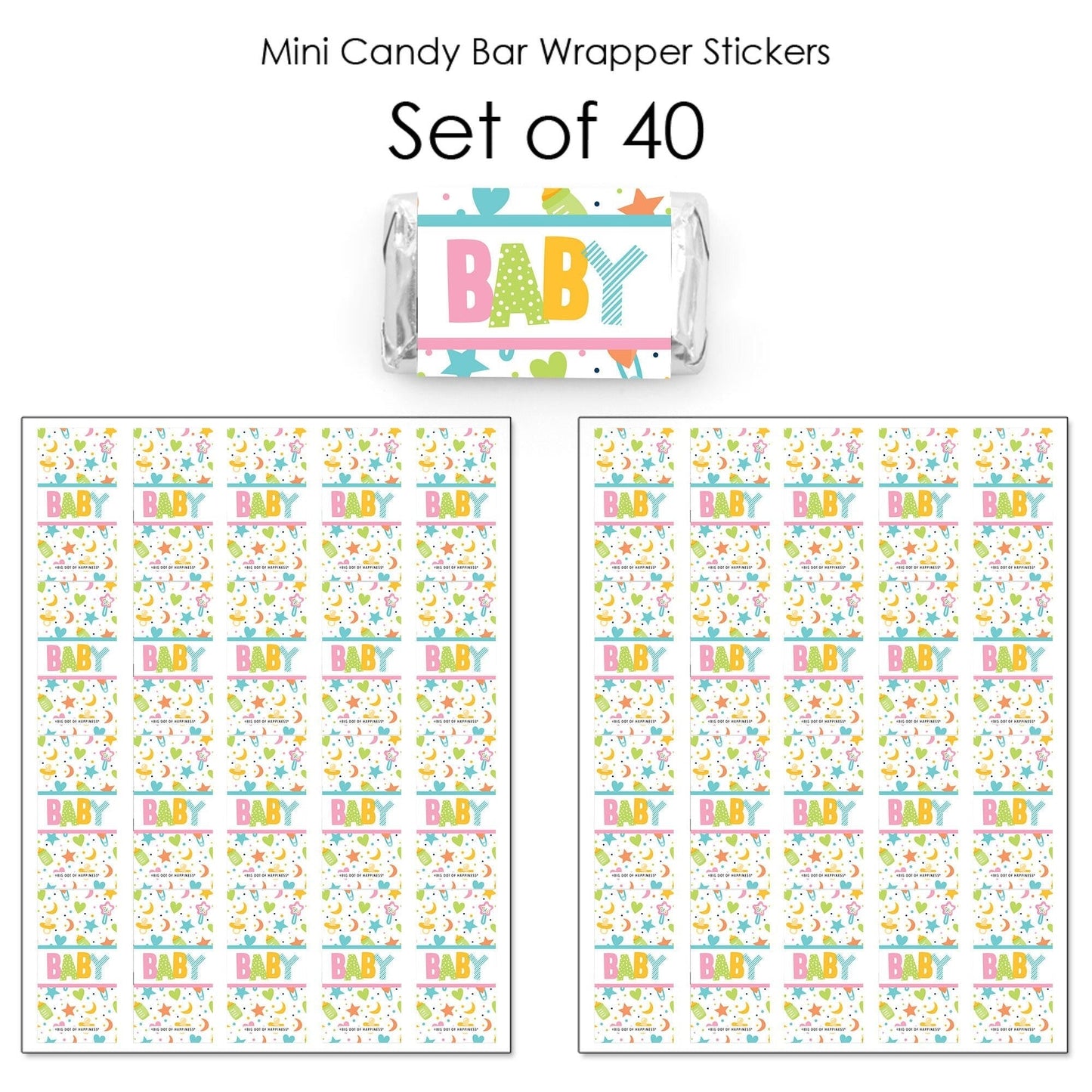 Colorful Baby Shower - Mini Candy Bar Wrapper Stickers - Gender Neutral Party Small Favors - 40 Count
