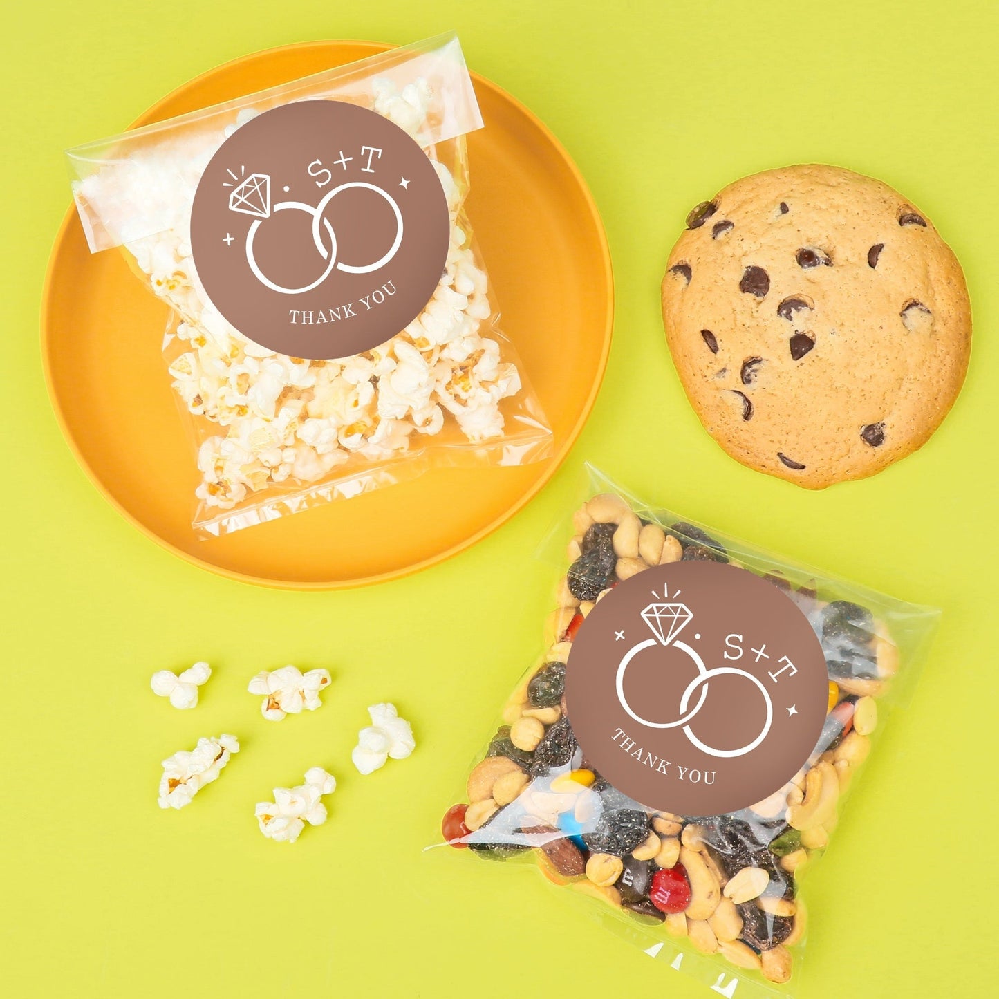 Custom Text Stickers & Clear Cookie Bags - Mocha Brown Wedding Rings