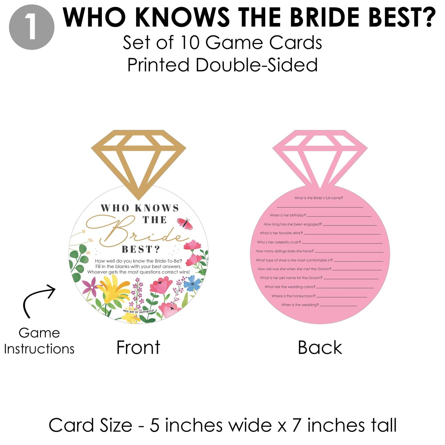 Wildflowers Bride - 4 Boho Floral Bridal Shower Games - 10 Cards Each - Who Knows The Bride Best, Bride or Groom Quiz, What’s in Your Purse and Love - Gamerific Bundle