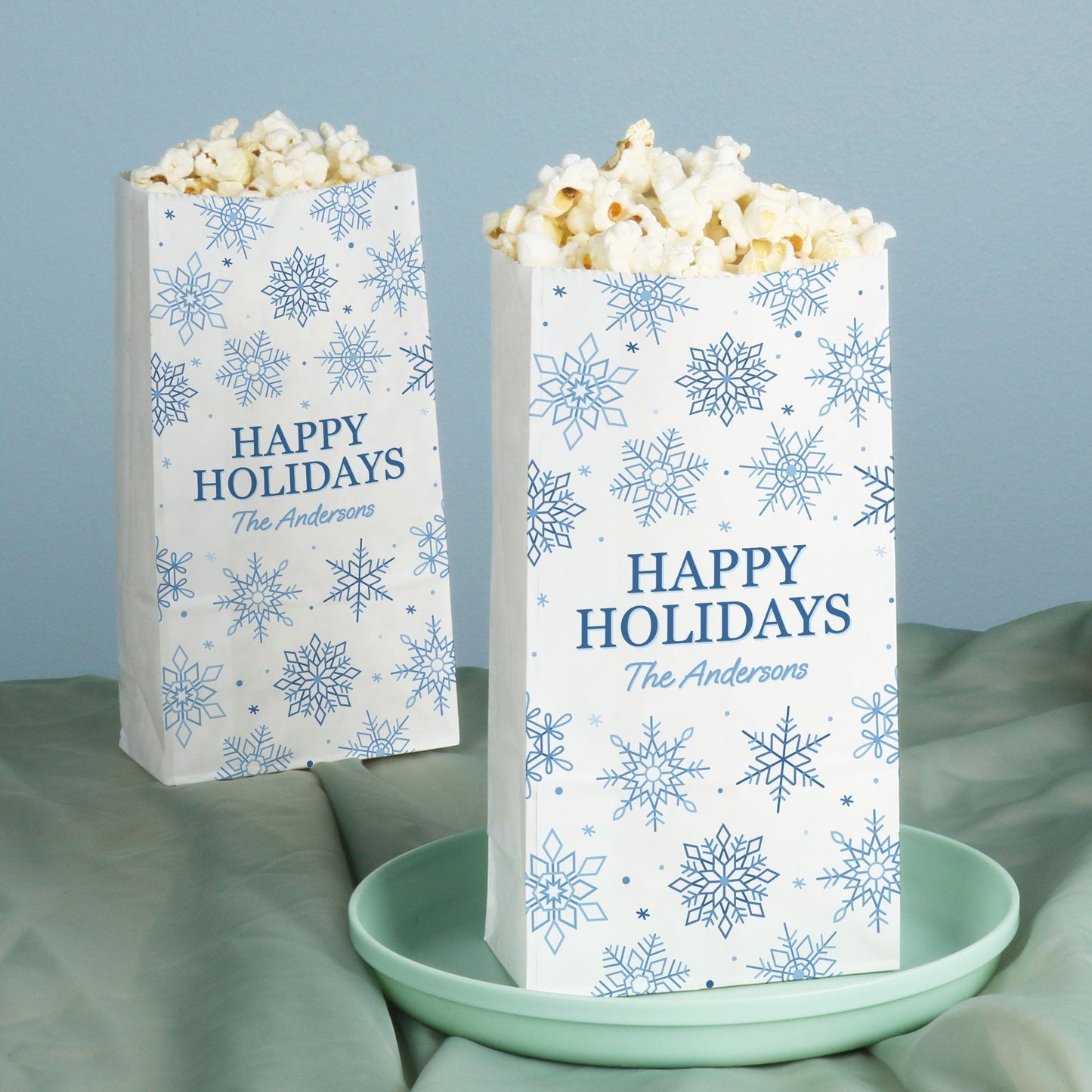 Custom Text Popcorn Bags - Blue Snowflakes - 25 Ct