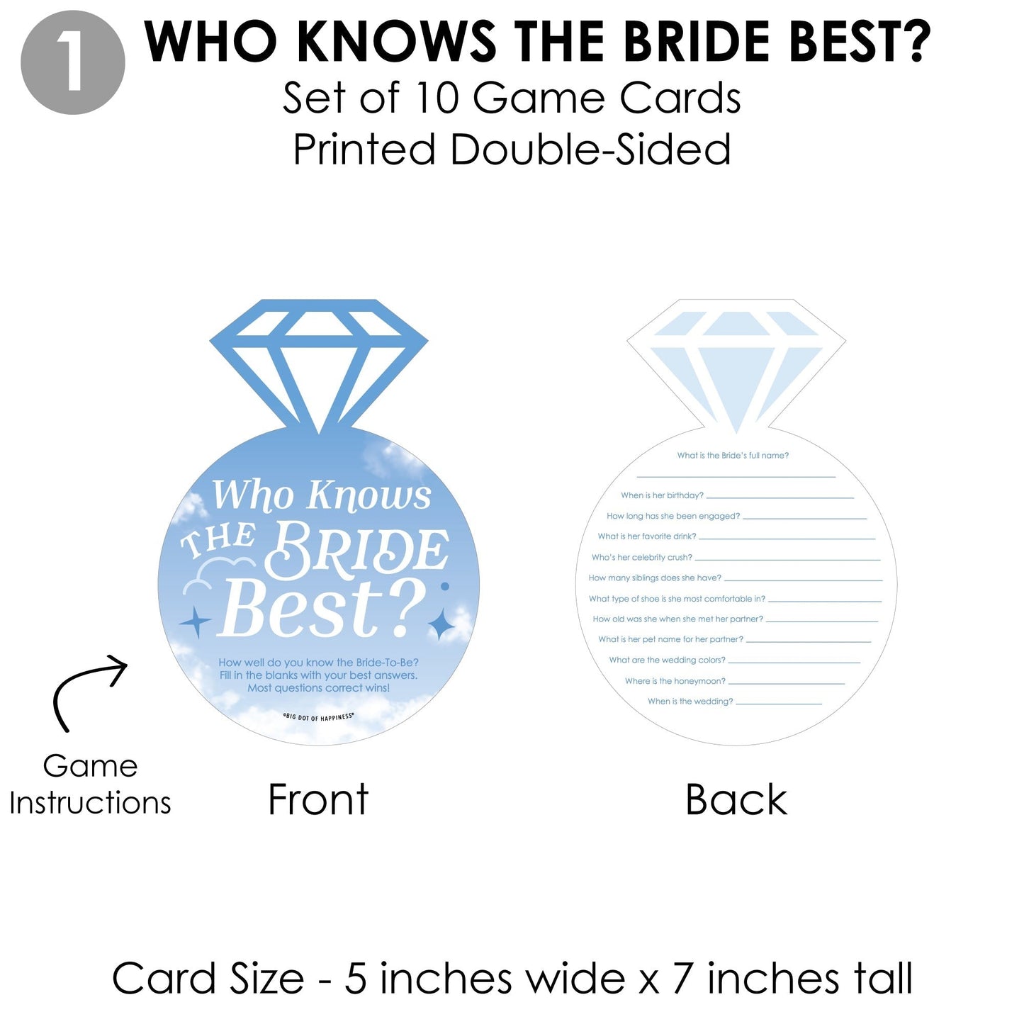 On Cloud 9 - 4 Bridal Shower Games - 10 Cards Each - Who Knows The Bride Best, Bride or Groom Quiz, Whats in Your Purse and Love - Gamerific Bundle