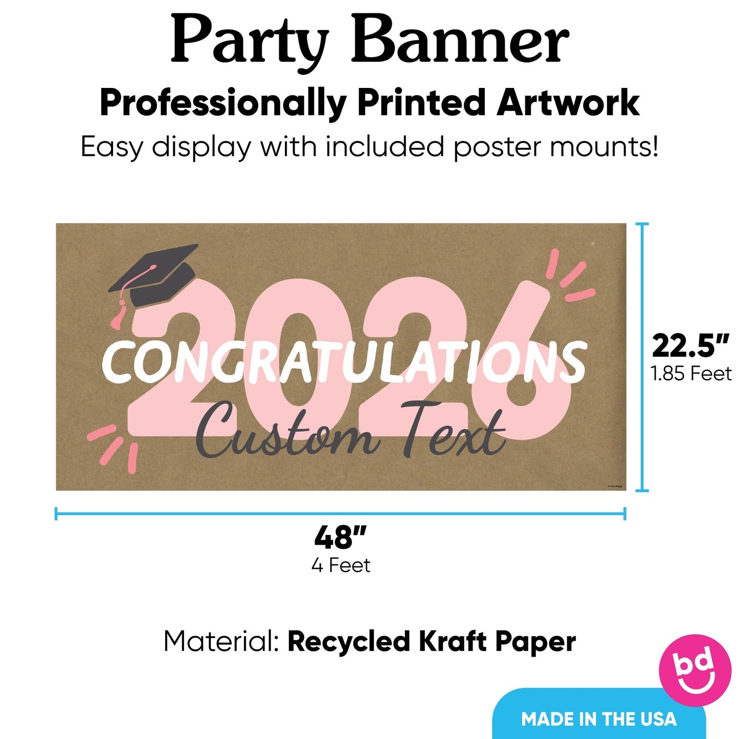 Custom Text Rose Gold 2026 Grad Kraft Banner