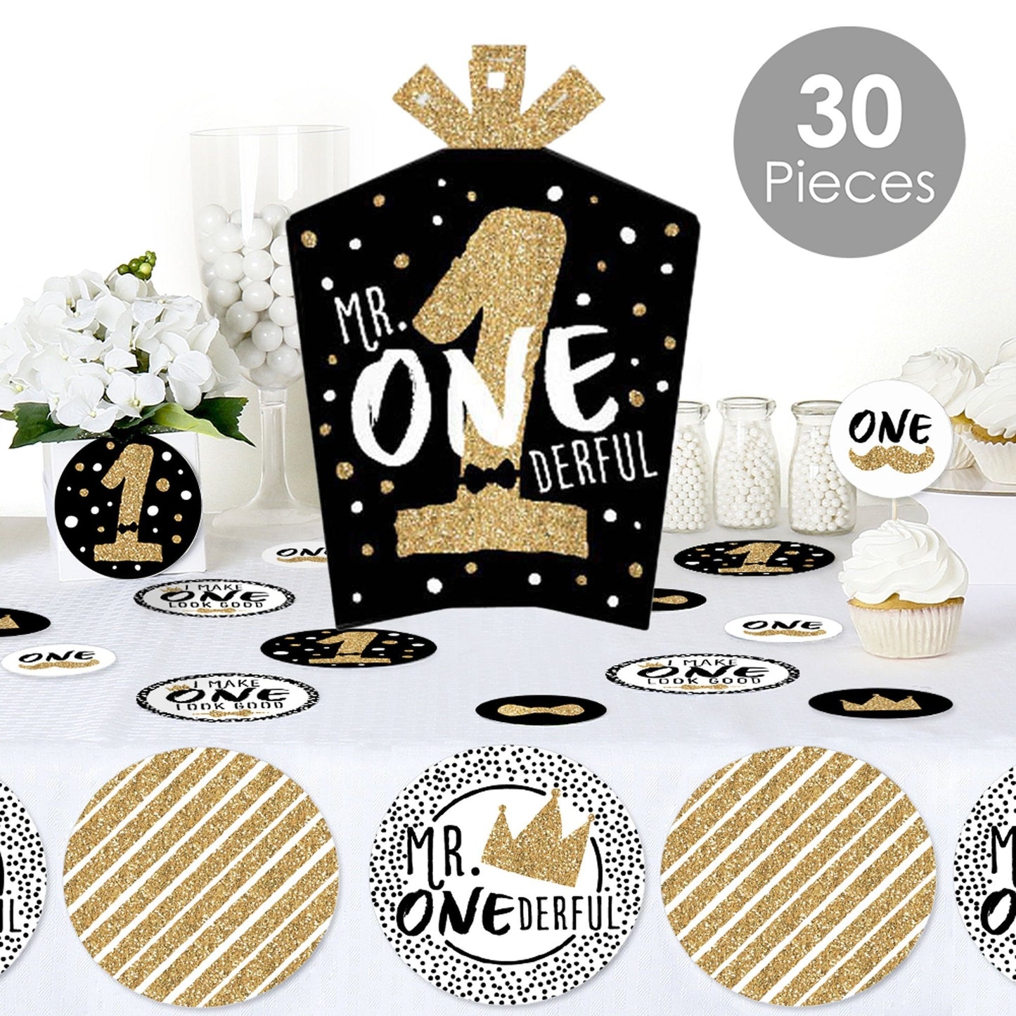 1st Birthday Little Mr. Onederful - Boy First Birthday Party Decor and Confetti - Terrific Table Centerpiece Kit - Set of 30