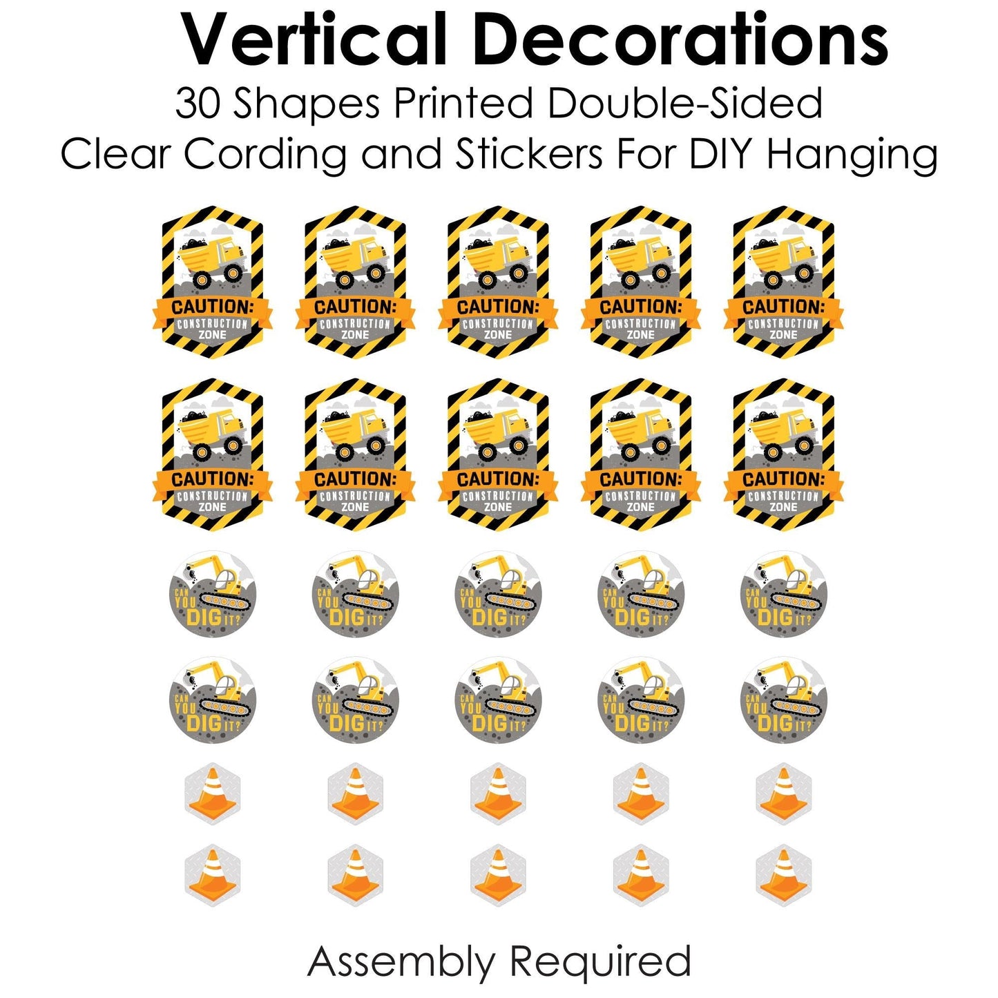 Dig It - Construction Party Zone - Baby Shower or Birthday Party DIY Dangler Backdrop - Hanging Vertical Decorations - 30 Pieces