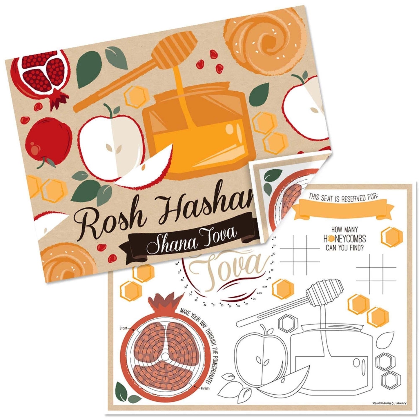 Rosh Hashanah - Paper Jewish New Year Coloring Sheets - Activity Placemats - Set of 16