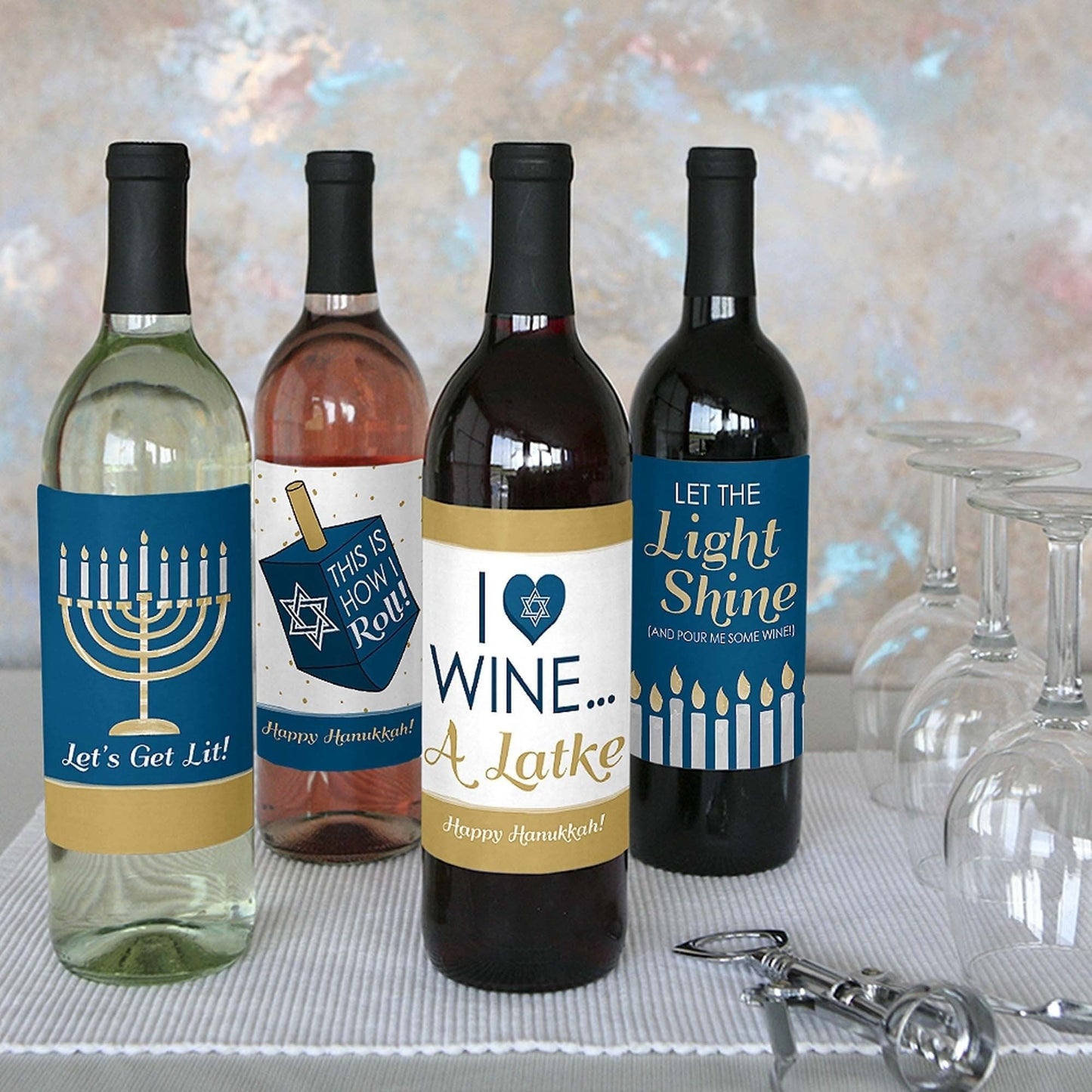 Happy Hanukkah - Chanukah Decorations for Women and Men - Wine Bottle Label Stickers - Set of 4