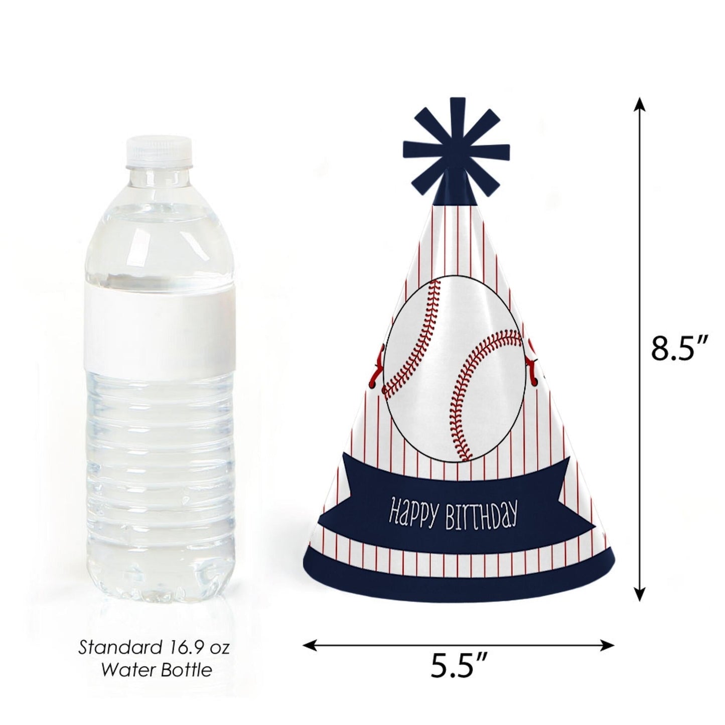 Batter Up - Baseball - Cone Happy Birthday Party Hats for Kids and Adults - Set of 8 (Standard Size)