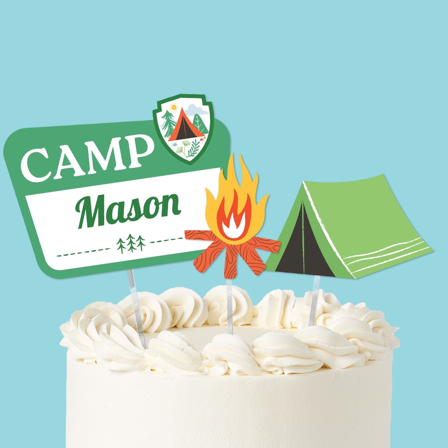 Custom Text Camping Cake Topper - 3 Pc