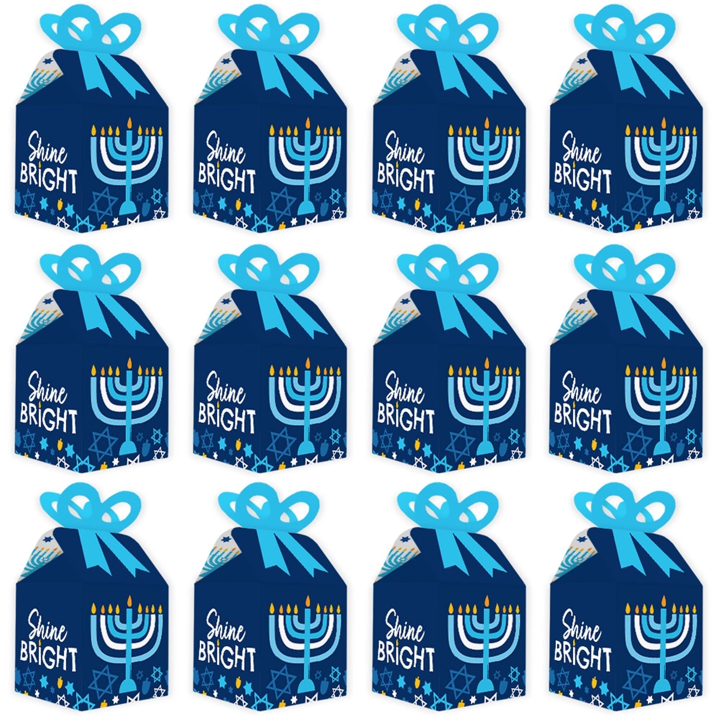 Hanukkah Menorah - Square Favor Gift Boxes - Chanukah Holiday Party Bow Boxes - Set of 12