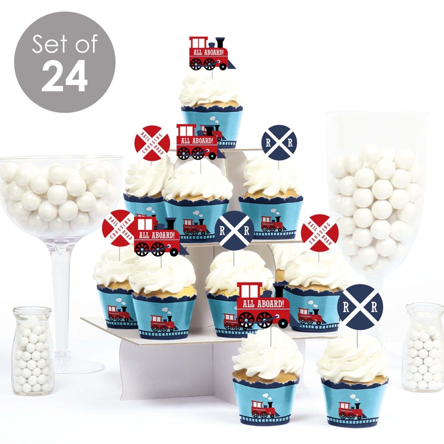 Railroad Party Crossing - Cupcake Decorations - Steam Train Birthday Party or Baby Shower Cupcake Wrappers and Treat Picks Kit - Set of 24