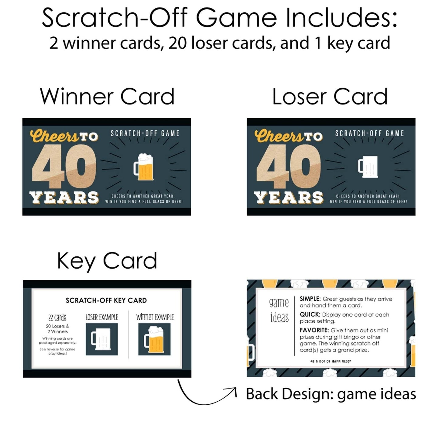 Cheers and Beers to 40 Years - 40th Birthday Party Game Scratch Off Cards - 22 Count