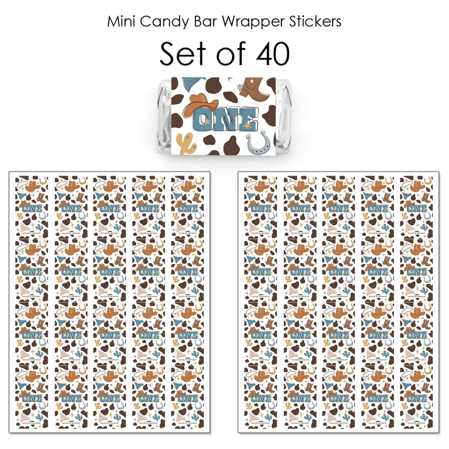 My First Rodeo - Mini Candy Bar Wrapper Stickers - Little Cowboy 1st Birthday Party Small Favors - 40 Count
