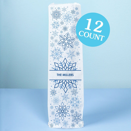 Custom Text Wine Bags - Blue Snowflakes