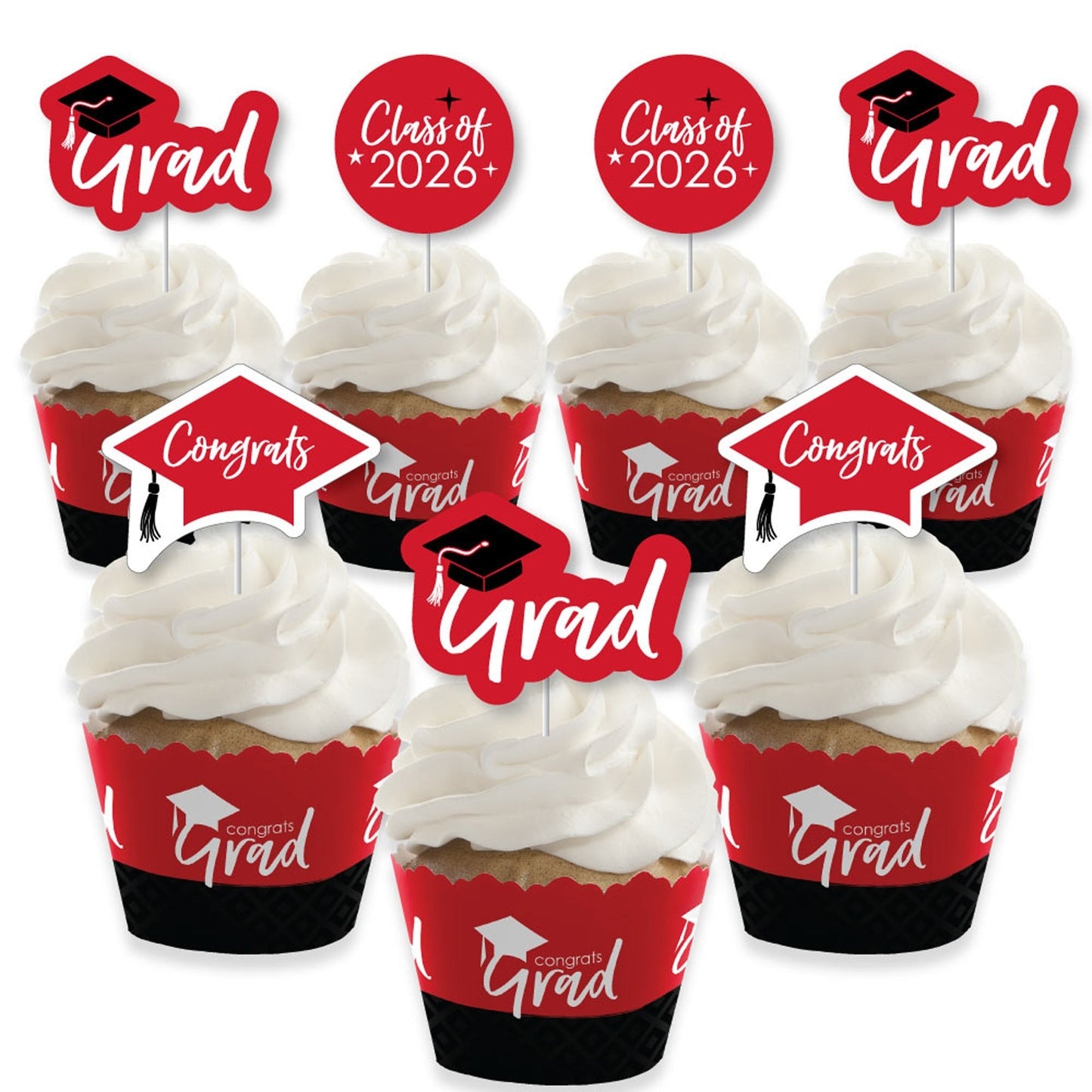 Red Grad - Best is Yet to Come - Cupcake Decoration - 2026 Red Graduation Party Cupcake Wrappers and Treat Picks Kit - Set of 24
