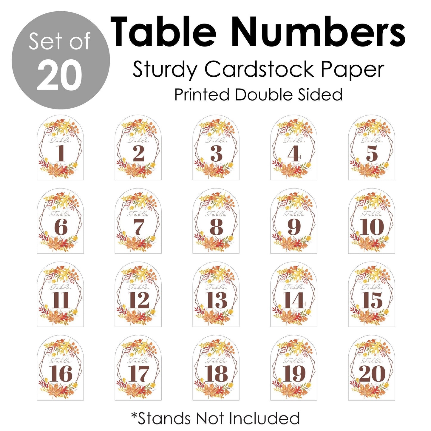 Fall Foliage Bride - Autumn Leaves Bridal Shower and Wedding Party Double-Sided 5 x 7 inches Cards - Table Numbers - 1-20