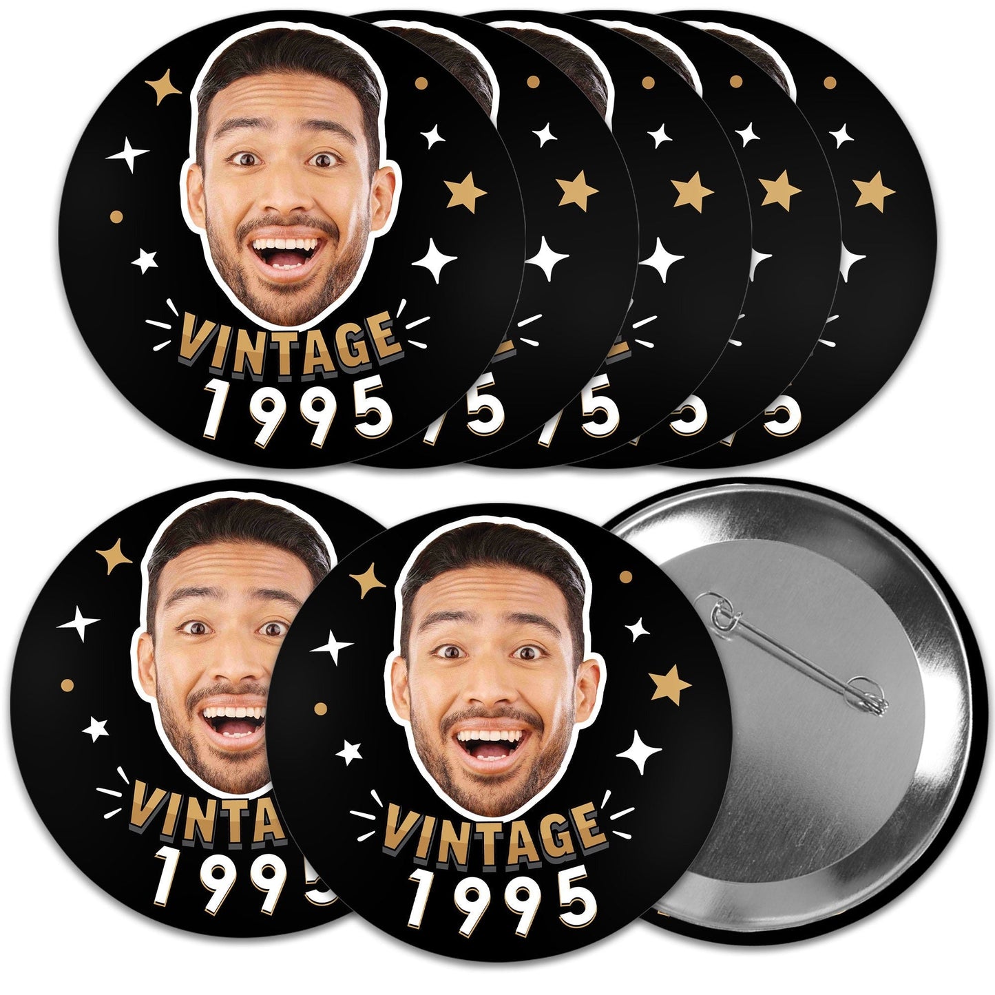 Custom Photo Vintage Birthday Pinback Buttons - 8 Ct