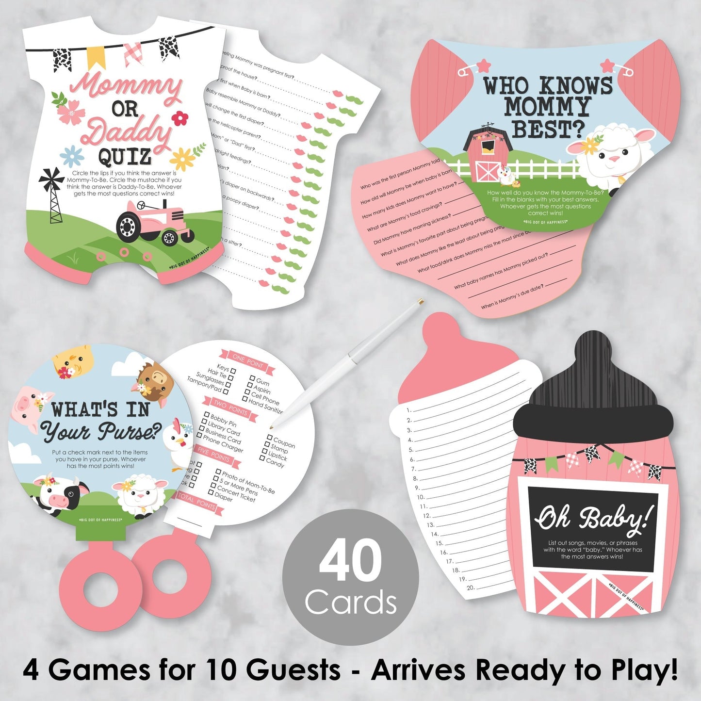 Girl Farm Animals - 4 Pink Barnyard Baby Shower Games - 10 Cards Each - Who Knows Mommy Best, Mommy or Daddy Quiz, What’s in Your Purse and Oh Baby - Gamerific Bundle