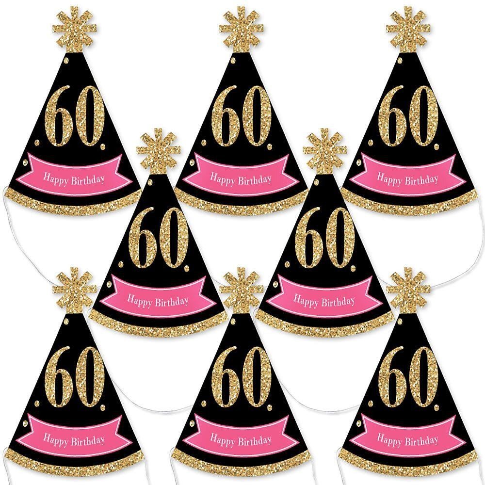 Chic 60th Birthday - Pink, Black and Gold - Mini Cone Birthday Party Hats - Small Little Party Hats - Set of 8