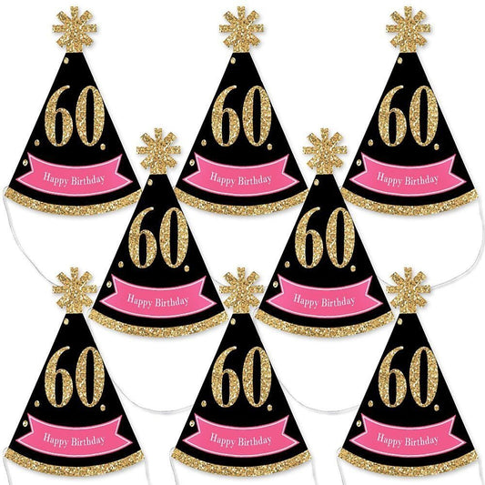 Chic 60th Birthday - Pink, Black and Gold - Mini Cone Birthday Party Hats - Small Little Party Hats - Set of 8