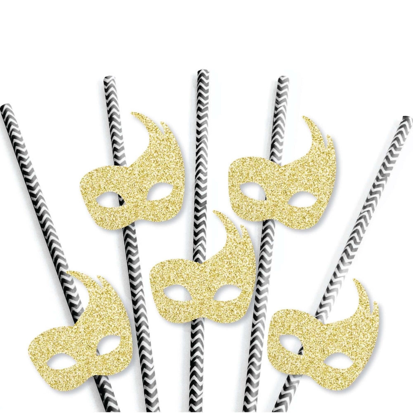 Gold Glitter Masks Party Straws - No-Mess Real Gold Glitter Cut-Outs & Decorative Masquerade Mardi Gras Party Paper Straws - Set of 24