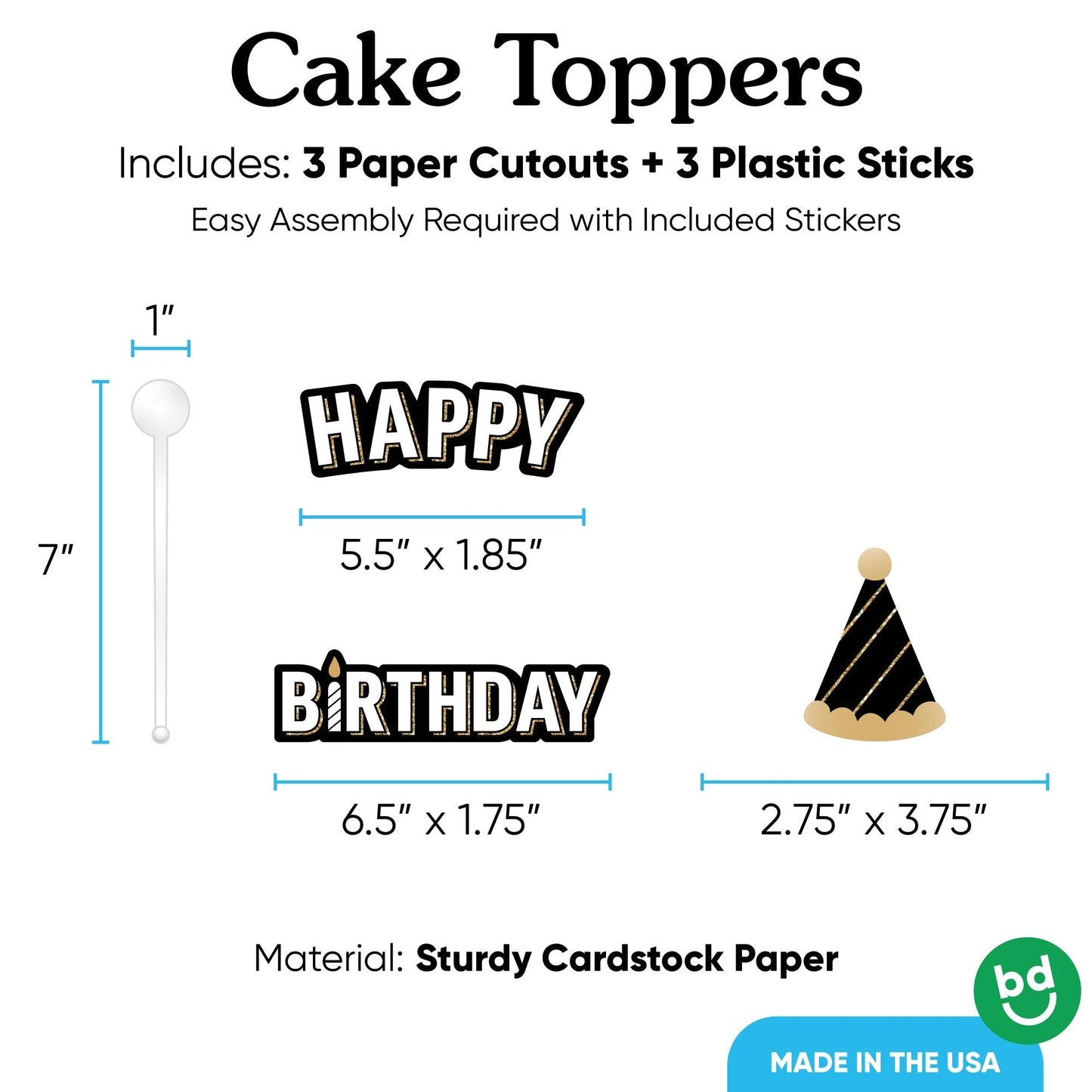 Happy Birthday Cake Topper - 3 Pc