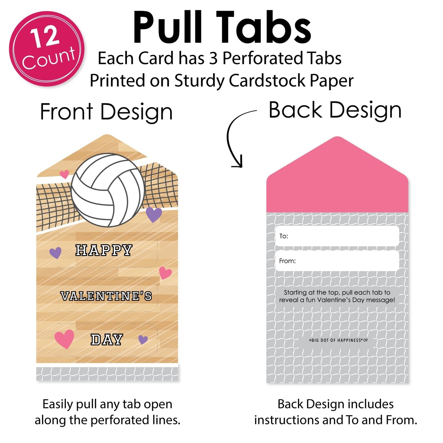 Bump, Set, Spike - Volleyball - Cards for Kids - Happy Valentine’s Day Pull Tabs - Set of 12