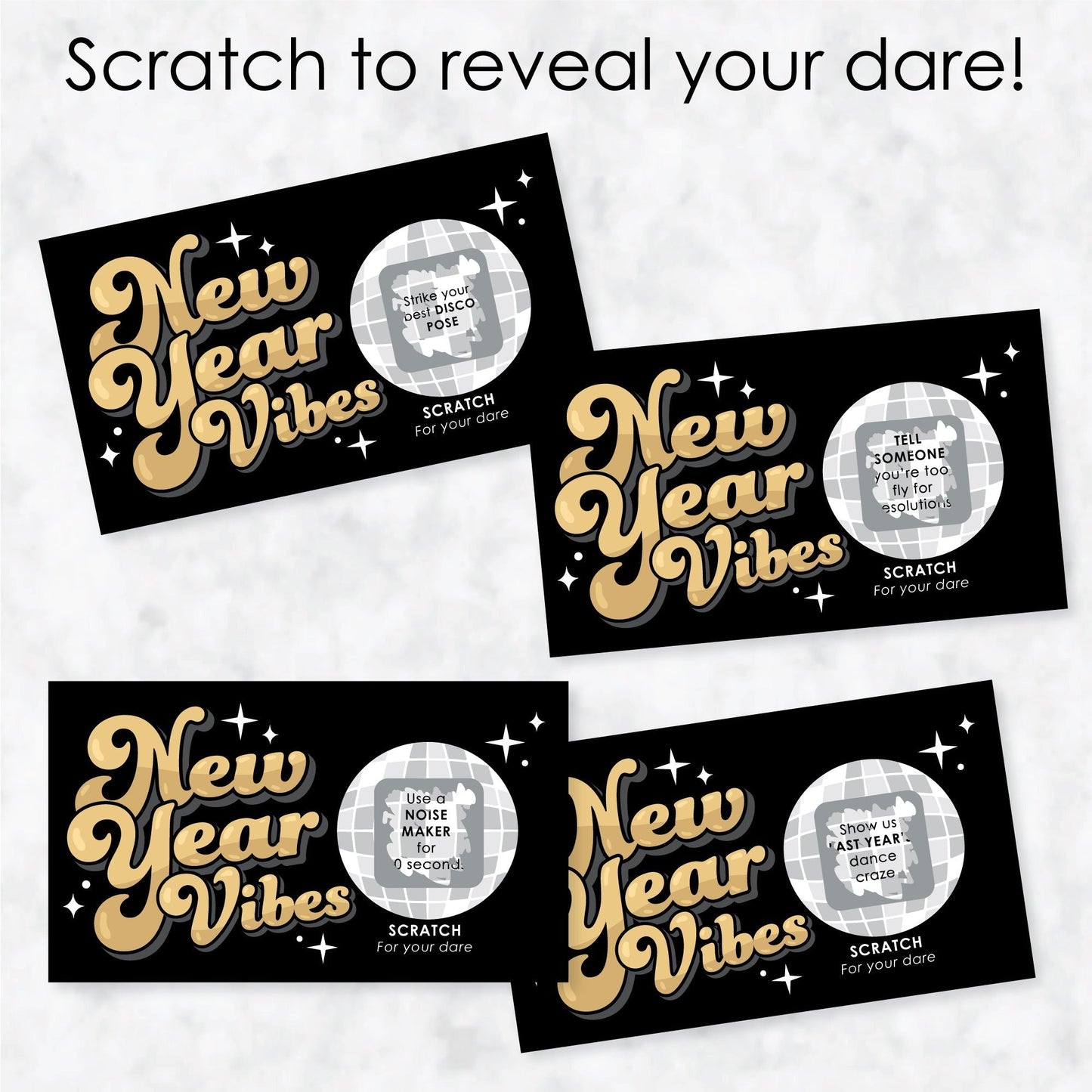 Disco New Year - Groovy NYE Party Game Scratch Off Dare Cards - 22 Count
