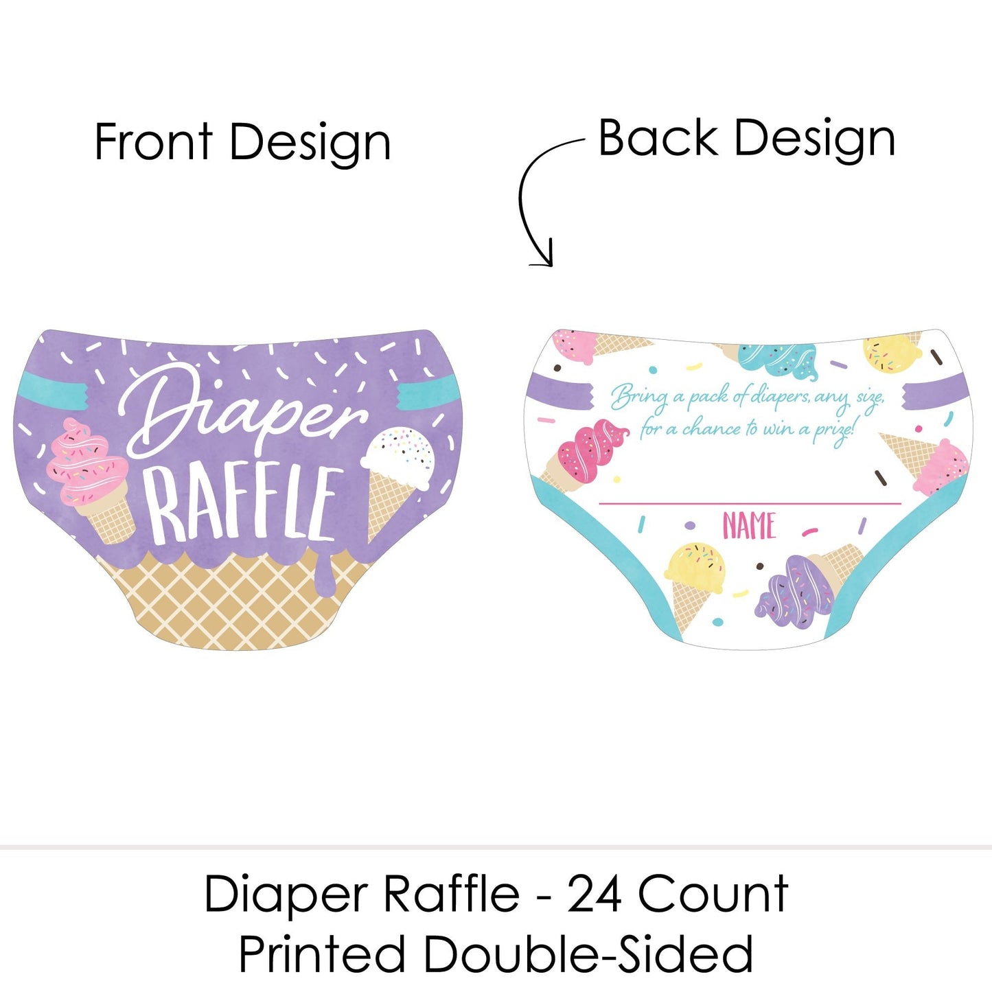 Scoop Up The Fun - Ice Cream - Diaper Shaped Raffle Ticket Inserts - Sprinkles Baby Shower Activities - Diaper Raffle Game - Set of 24
