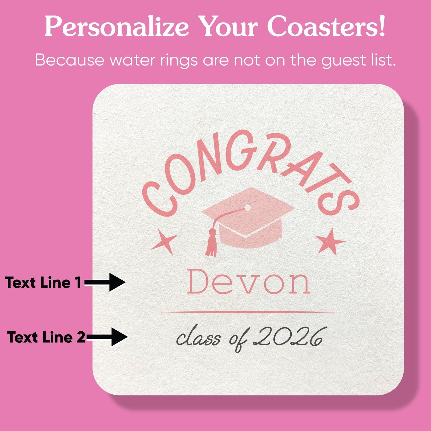 Custom Text Coasters - Pink Graduation - 100 Ct