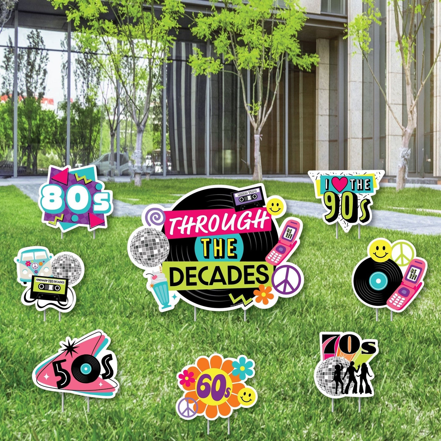 Through the Decades - Yard Sign and Outdoor Lawn Decorations - 50s, 60s, 70s, 80s, and 90s Party Yard Signs - Set of 8
