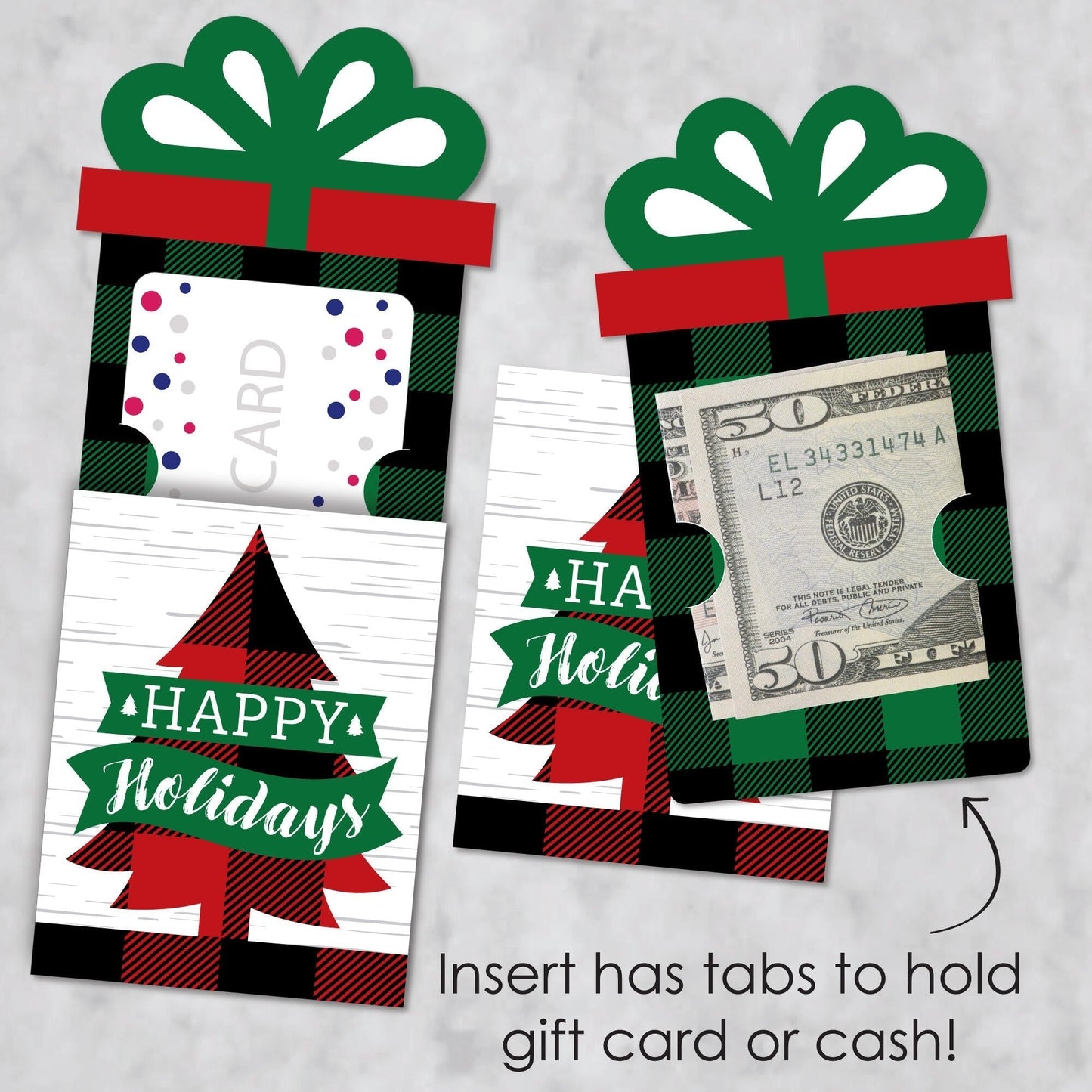 Holiday Plaid Trees - Buffalo Plaid Christmas Party Money and Gift Card Sleeves - Nifty Gifty Card Holders - Set of 8