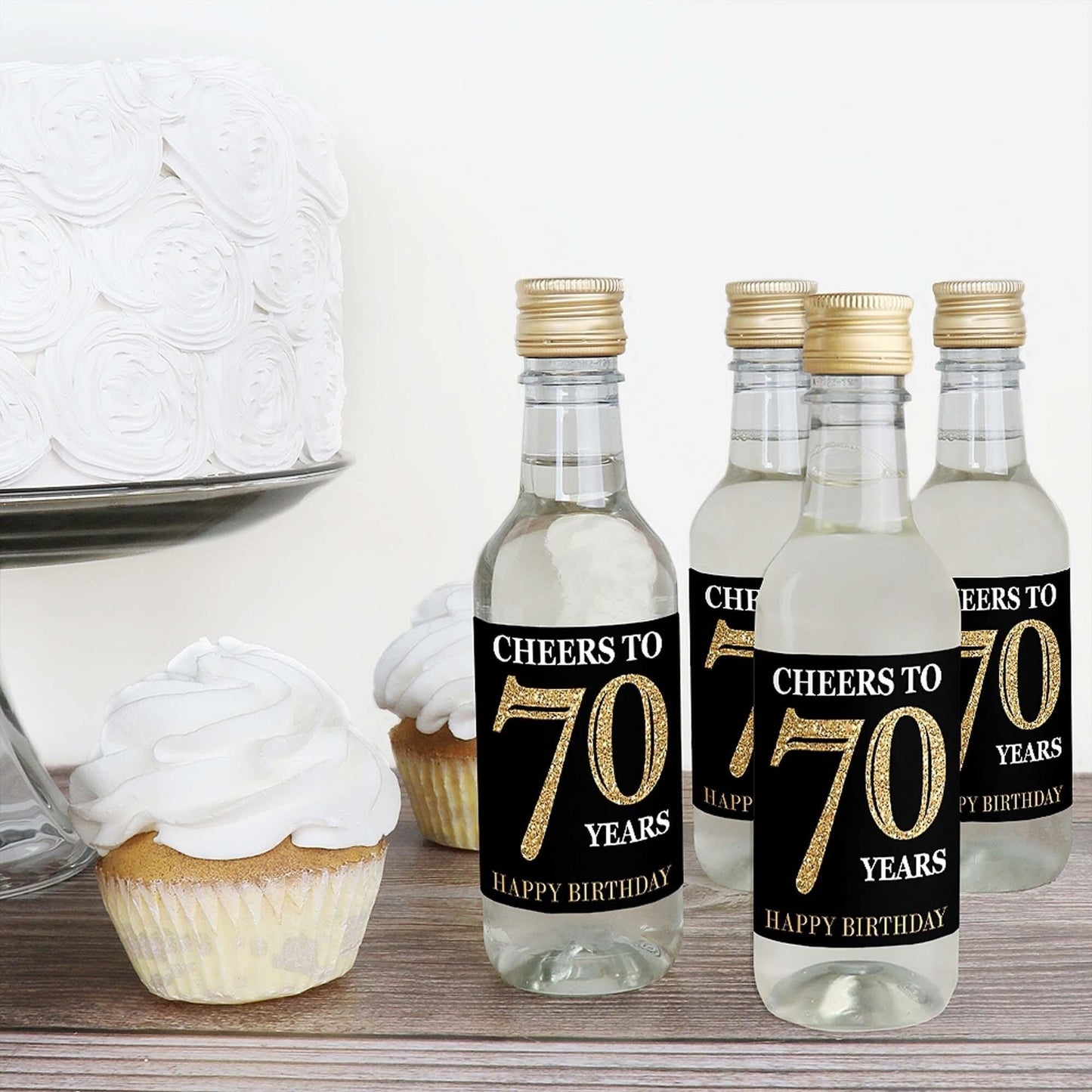 Adult 70th Birthday - Gold - Mini Wine and Champagne Bottle Label Stickers - Birthday Party Favor Gift - For Women and Men - Set of 16